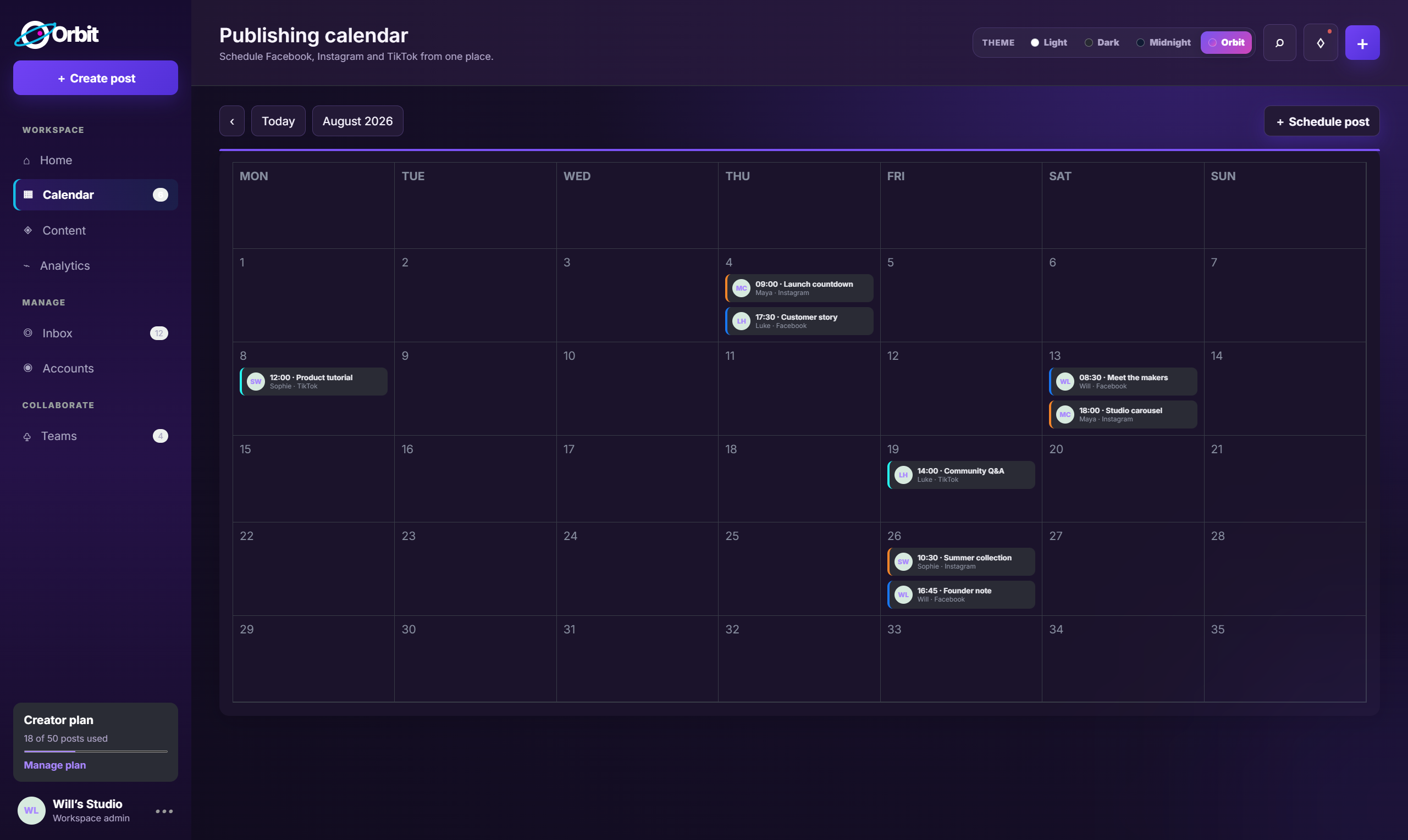 Orbit publishing calendar showing scheduled posts across several dates and platforms