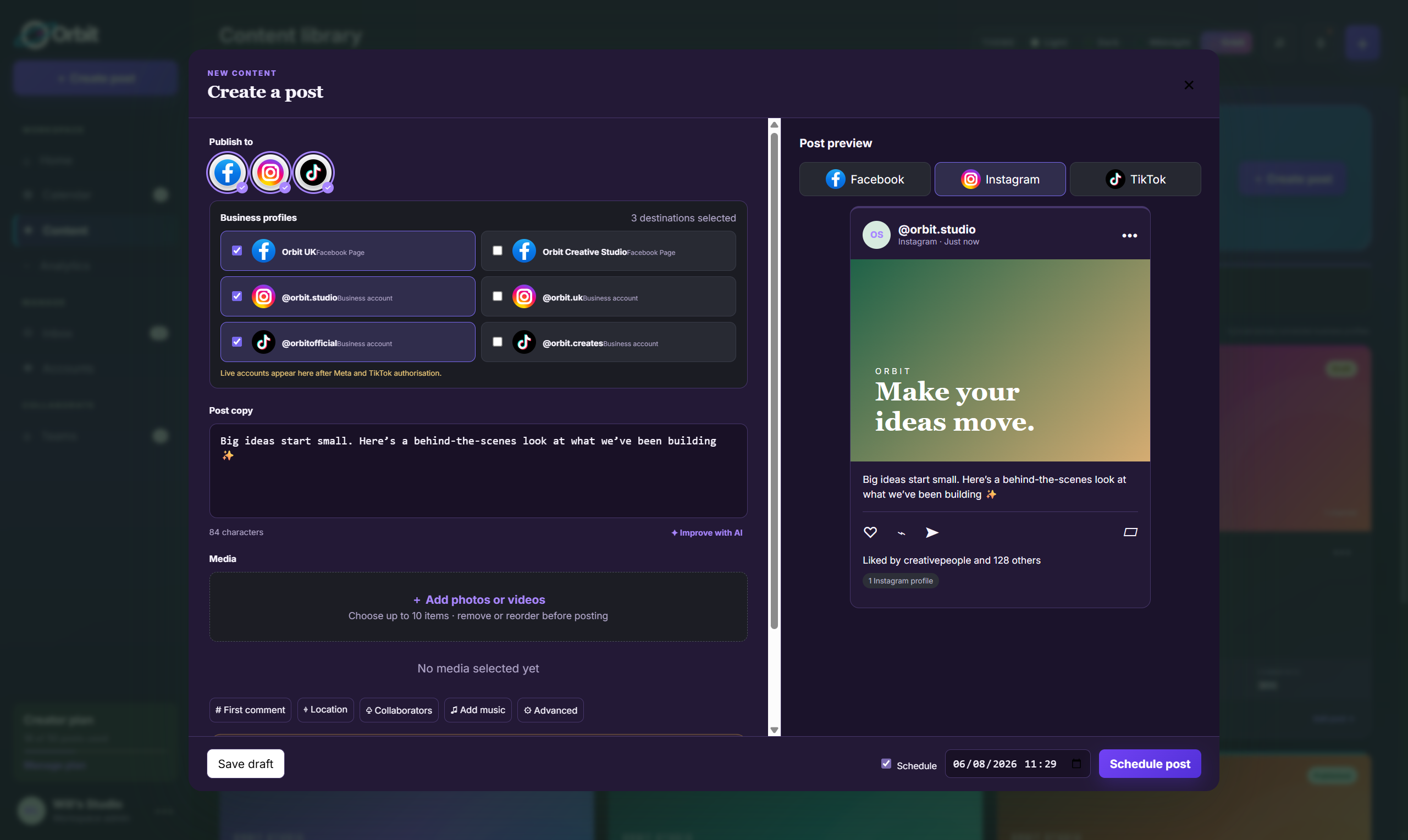 Orbit post composer with business profile selection and live social post preview
