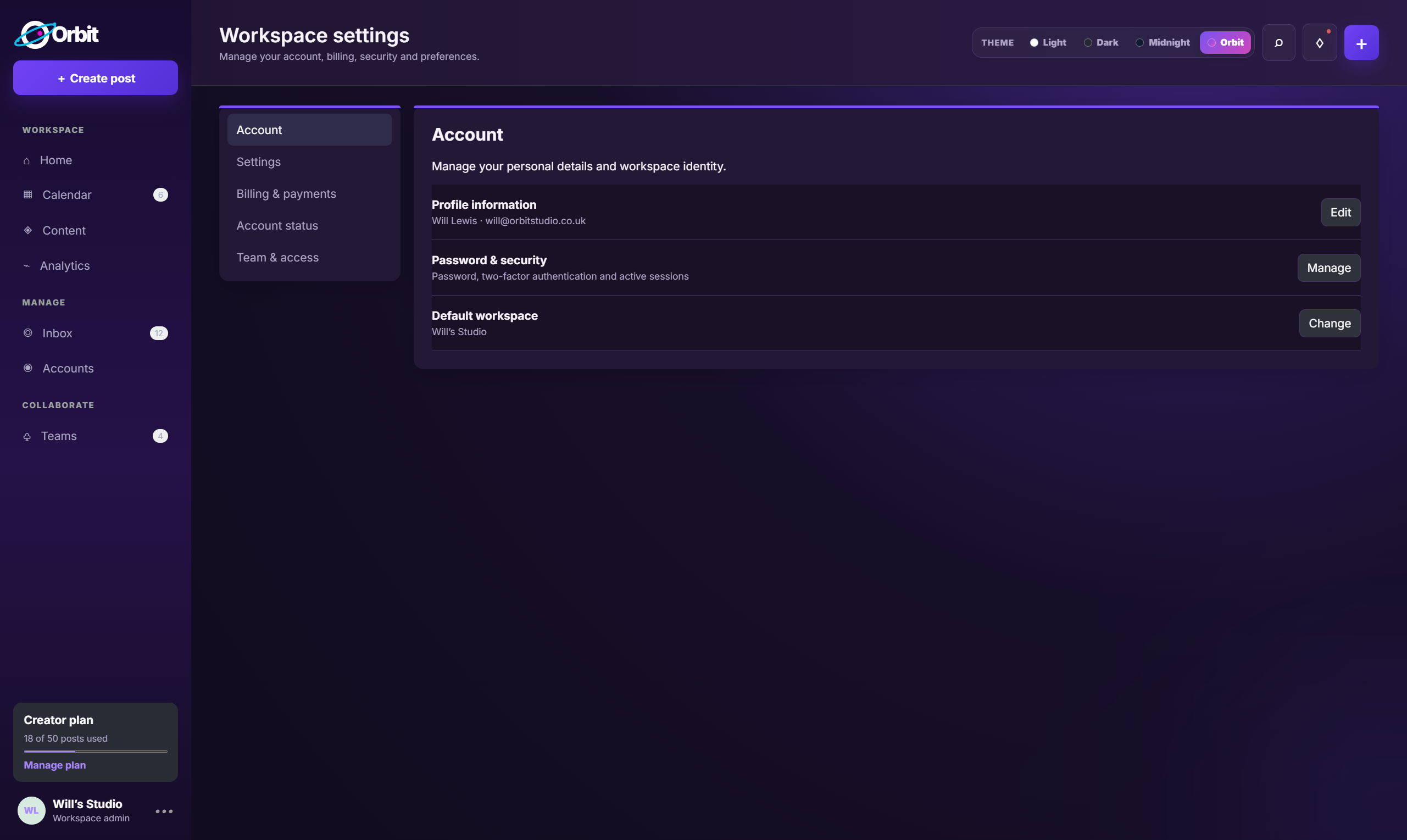 Orbit workspace account settings