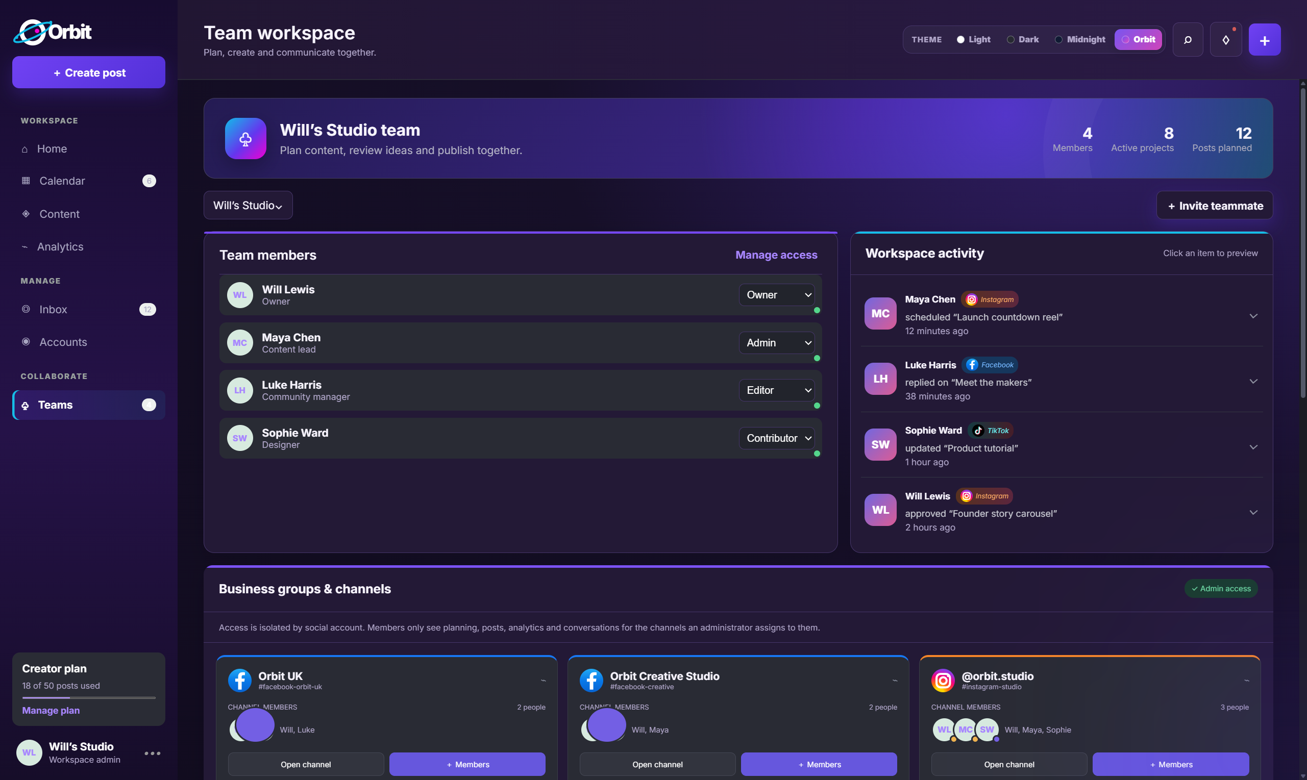 Orbit team workspace and business channels